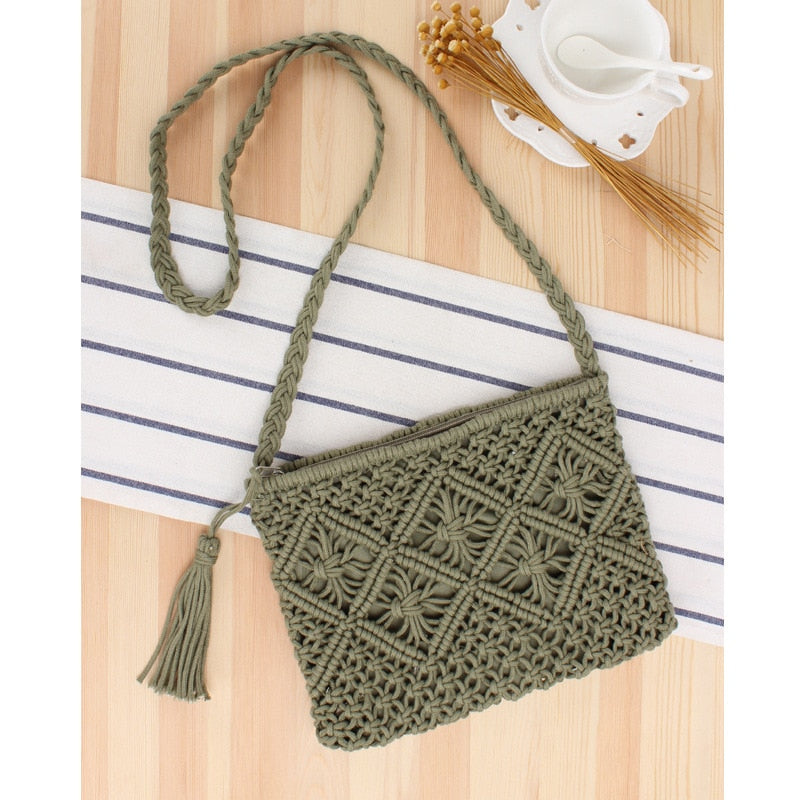 Women&#39;s Bohemian Style Straw Woven Day Clutches Bags Fashionable Simple Tassel Causal Handbag Vintage Beach Bag For Women Girl