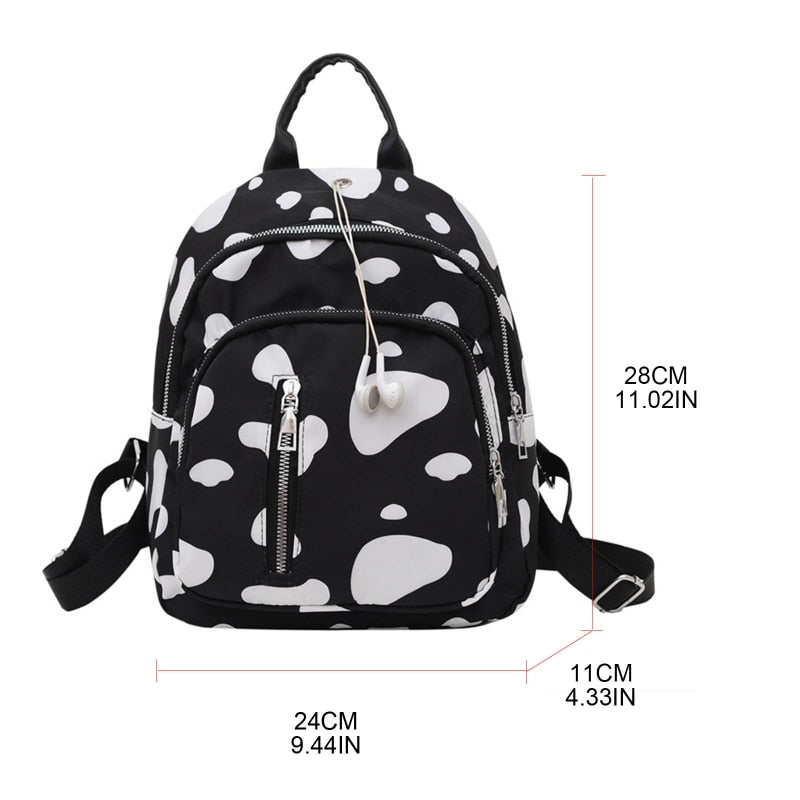 Kawaii Cow Print Small Backpack Women Girls Mini Cute School Bookbag Female Nylon Casual Rucksack Daypack Travel Shoulder Bag