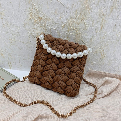 purses and handbags Handmade Cotton Crochet Women's Bag Pearl Chain Mini Portable Shoulder/Crossbody Bag