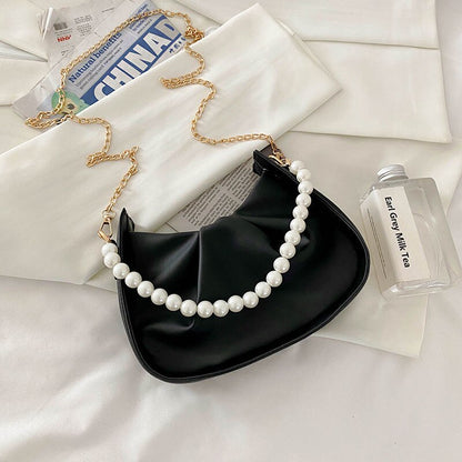 Hobos Shoulder Bags Women Elegant Sweet Underarm Pearls All-match Versatile Zipper Soft PU Leather Chain Korean Chic Ladies OL