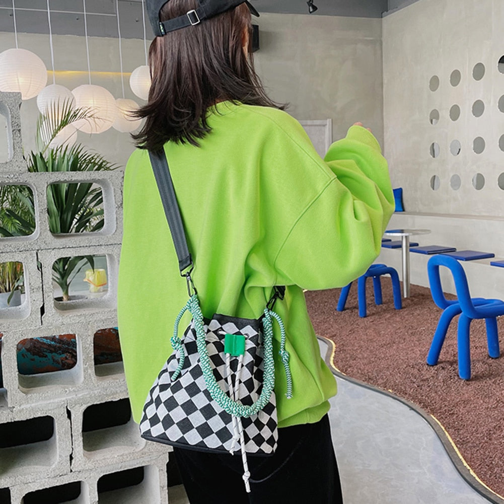 Women Shoulder Bags Exquisite Women Canvas Checkerboard Hit Color Messenger Bag Drawstring Casual Shopping Crossbody Bags