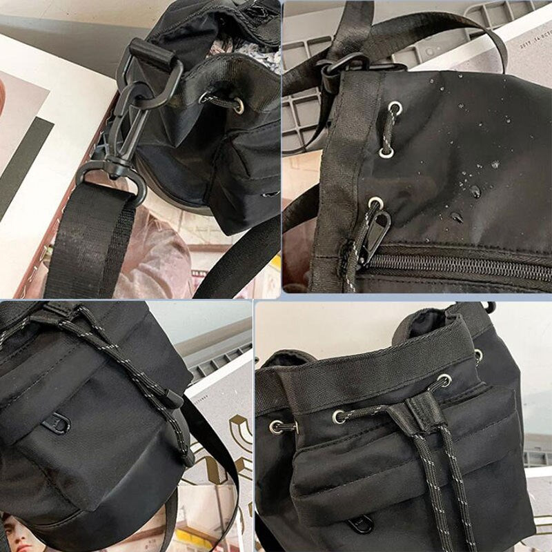 Men Crossbody Bags String Black Hip-pop Bucket Bag Waterproof Leisure Cell-phone Portable Little Sling Satchel Harajuku Couples
