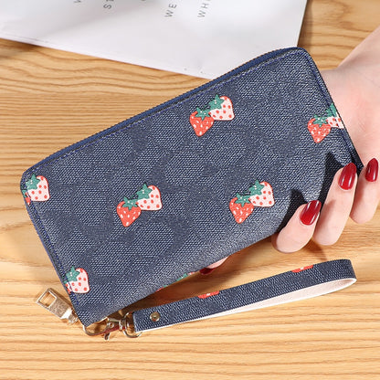 Strawberry Print Wrist Wallets Zipper Coin Long Purse Handbag Women Clutch PU Leather Moneybag Billfold Phone Card Holder Wallet