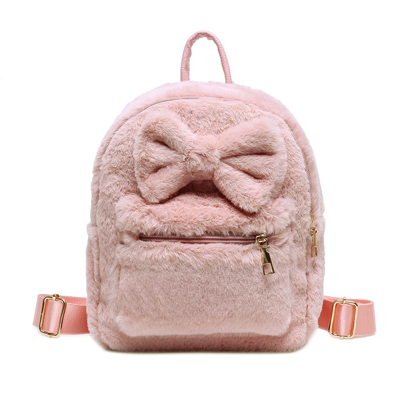 Kawaii Bow Plush Women Backpacks Soft Fluffy Bags Furry Bags For Women Faux Fur Shoulders Bag Winter New Bags Mini Backpack