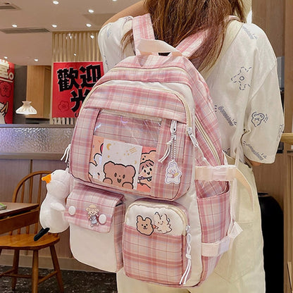 EST Plaid Transparent PVC Kawaii Contrast Color Girls College Leisure Kawaii Backpack Large Nylon School Backpack For Women Bags