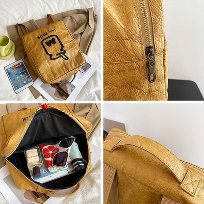 DCIMOR New Kraft Paper Coated Women Backpack Female Cartoon Printing Portable Travel Bag Teenage Girl Square Schoolbag Bookbag