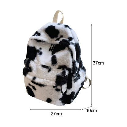 New Winter Women Warm Plush Backpack Teenager Girls School Bag Fashion Cow Print Backpacks Female Multi-Pockets Travel Bag