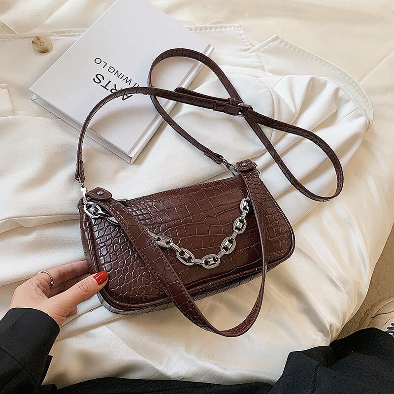Stone Pattern Small PU Leather Baguette Underarm Crossbody Bags for Women Summer Branded Luxury Chain Shoulder Handbags