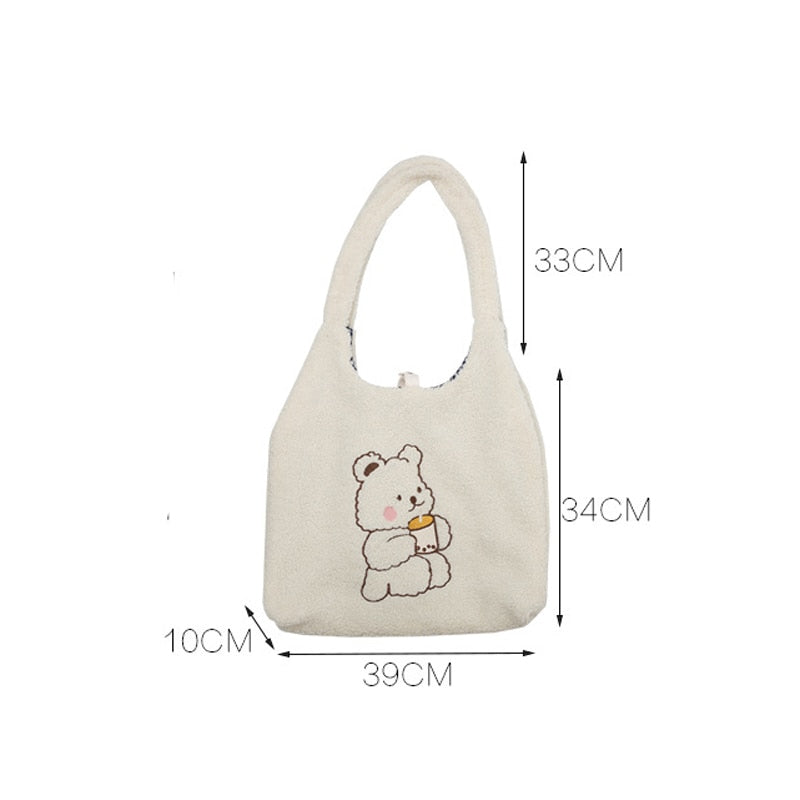 Hylhexyr Women Canvas Tote Purse Lamb Like Fabric Shoulder Bag Bear Embroider Crossbody Handbag Casual Shopper Bag Cute For Girl