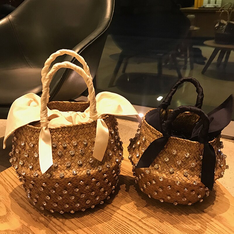 Hand-Sewn Summer Holiday Beach Bag With Pearl Ladies Woven Bucket Straw Diamond Bags Designer Hot Handbags Clutch for Women