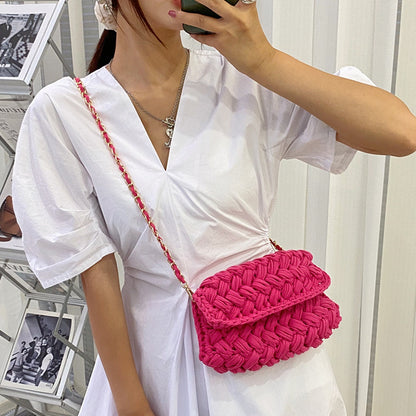 Fashion Rope Woven Shoulder Crossbody Bags for Women Chains Knitting Handbag String Square Bag Small Braided Flap Phone Purses