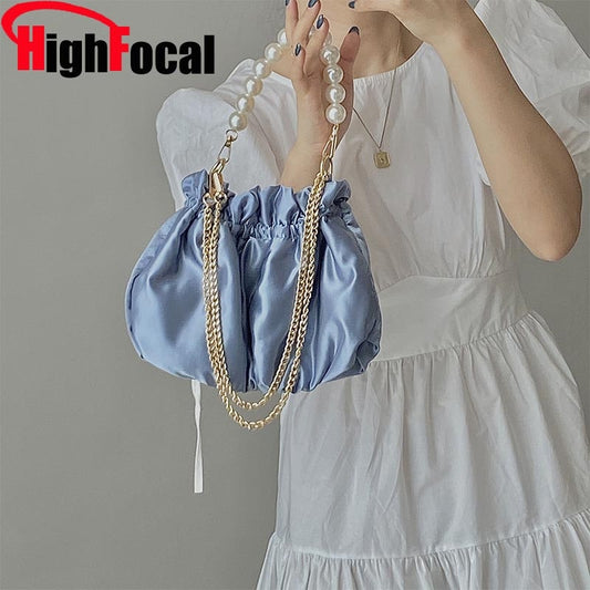 Women Fashion Luxury Design Pearl Handbags Clouds Clutch Purse Sky Blue Silk Satin Fashion Laptop Totes Shoulder Evening Bag A90