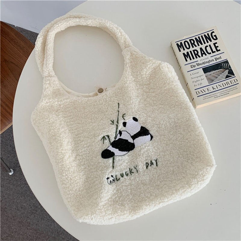 Hylhexyr Women Canvas Tote Purse Lamb Like Fabric Shoulder Bag Bear Embroider Crossbody Handbag Casual Shopper Bag Cute For Girl