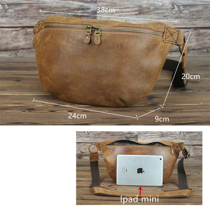 Lachiour Men Genuine Leather Waist Packs Large  Crazy Horse Cowhide Leather Fanny Packs  Male Motor Cycling Waist Shoulder Bag