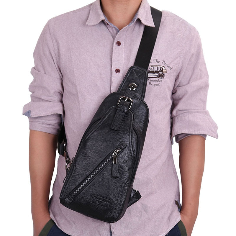 Men High Quality Genuine Leather Cowhide Fashion Chest Pack Sling Back Pack Riding Cross Body Messenger Single Shoulder Bag