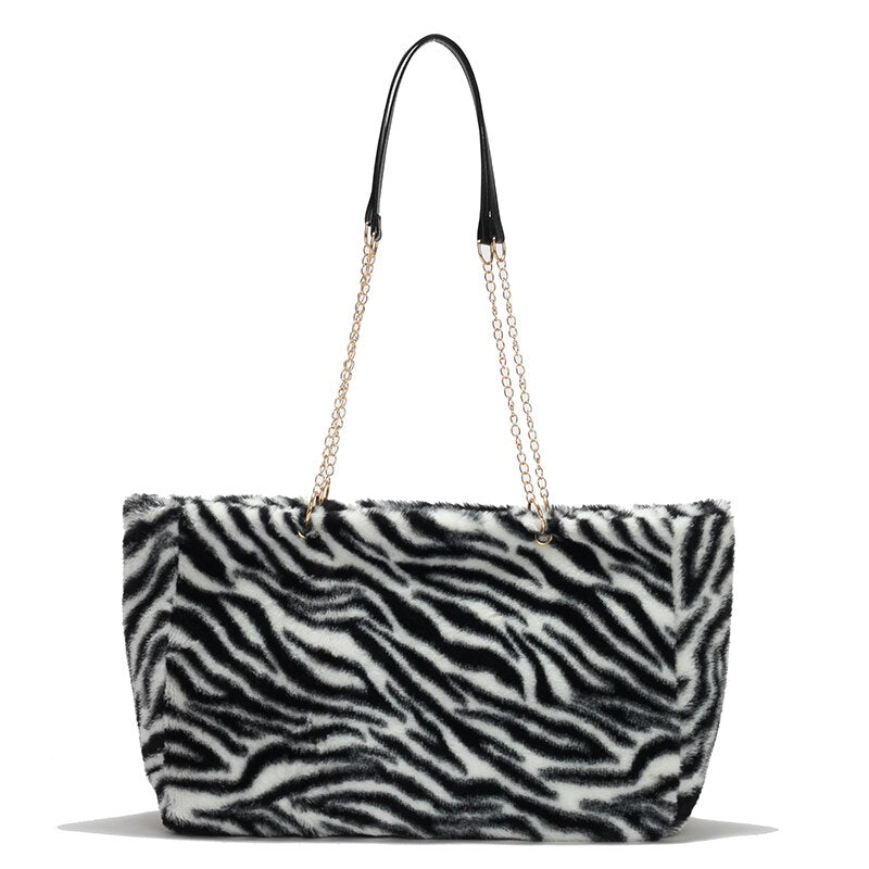 Leopard Plush Tote Bags For Women High Capacity Soft Fluffy Bag Korean Fashion Furry Handbag Big Chain Fur Shoulder Bag Sac