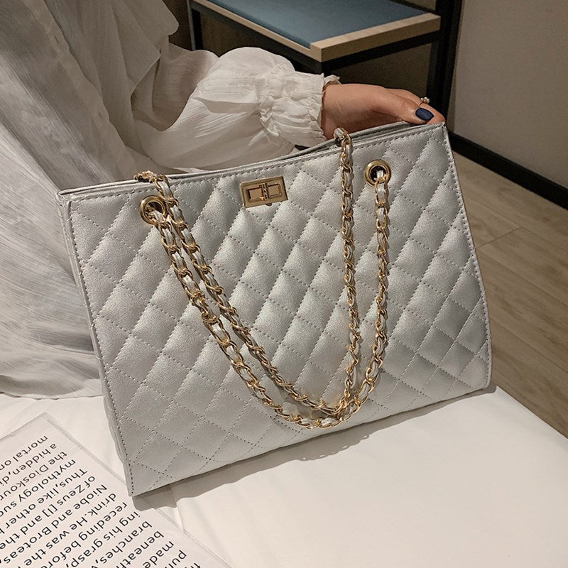 Fashion Silver Plaid Shoulder Women&#39;s Bag Luxury Leather Shopper Crossbody Bag Lattice Messenger Handbag Lady Big Chain Tote Bag