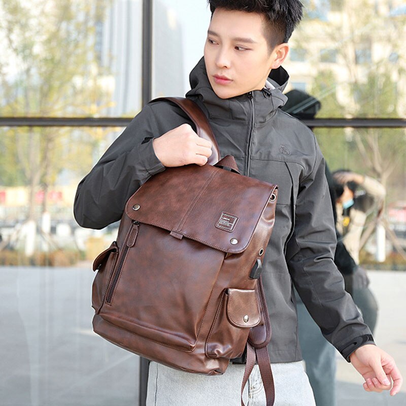 Fashion Man Vintage Retro Backpack PU Leather Mens USB Charger Teenager Backpacks Male Large Capacity Schoolbag Men&#39;s Bag Bolsa