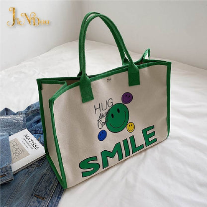 NEW Casual Canvas Women Cute Smile Handbag Large Capacity Handle Bag Shopping Tote Bag Fashion Simple Shoulder Bag Environmental