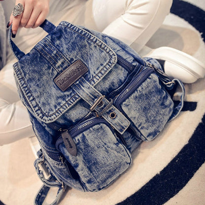 Women Fashion Washed Retro Student School Bag Denim Backpack