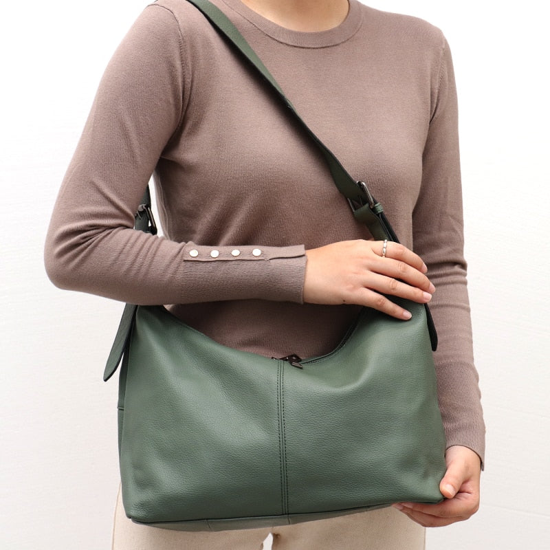 SC Luxury Women Cowhide Crossbody Bag Large Casual Shoulder Purse Wide Strap Handbag Female Daily 100% Genuine Leather Hobo Sack