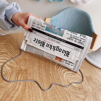 Women Pu Leather Letter Printing Day Clutch Bags Funny Newspapers Envelope Chain Mini Shoulder Bag for Girl Purse Female XA10HT