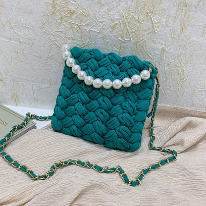 purses and handbags Handmade Cotton Crochet Women's Bag Pearl Chain Mini Portable Shoulder/Crossbody Bag