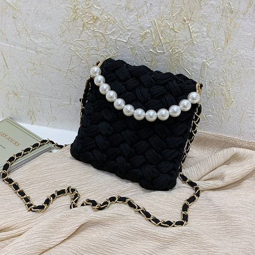 purses and handbags Handmade Cotton Crochet Women's Bag Pearl Chain Mini Portable Shoulder/Crossbody Bag