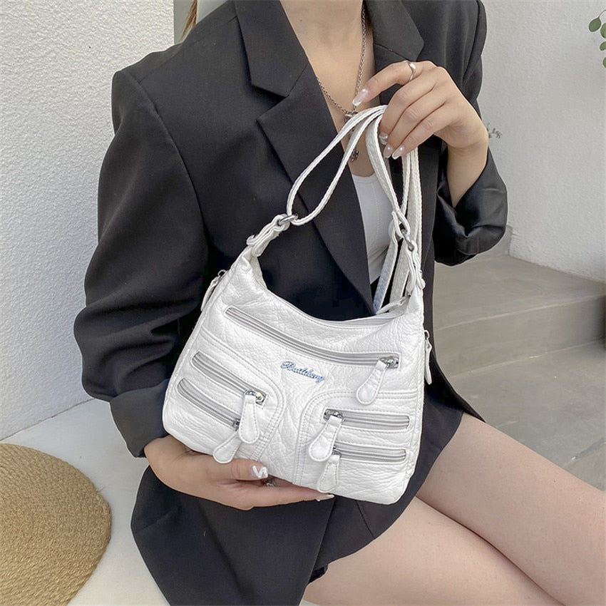 Small Soft Shoulder Bag Casual Women Bag Wash White Leather Crossbody Adjustable Multi-pocket  Ladies Pocket Bolsa De Ombro New