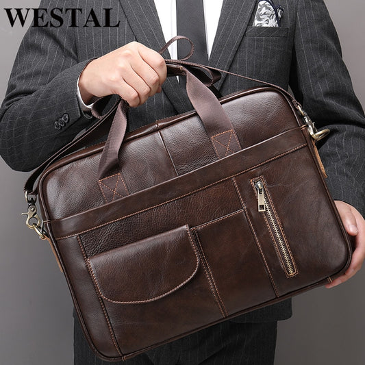 WESTAL Men&#39;s Leather Bags Men Leather Laptop Bag for Document Briefcase for Teens Zip Men&#39;s Business Bag Tote Messenger Bags Man