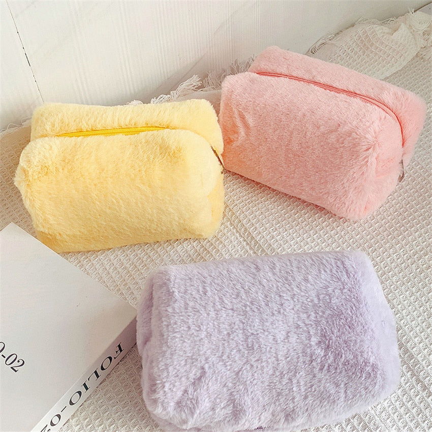 Solid Color Makeup Bags Women Soft Plush Cosmetic Make Up Brushes Storage Case Travel Toiletry Organizer Handbag Girls Gift