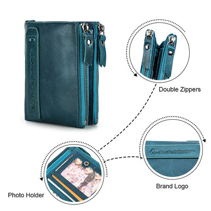 Contact&#39;s Genuine Leather Wallet Women Coin Pocket Double Zipper Card Holder Money Bags Fashion Ladies Small Purses Mini Wallet