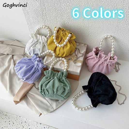 Women Shoulder Bags Little Bucket Pearls Handbag Vintage Chain Crossbody Corduroy Pleated Candy Colors Chic All-match Bag Female