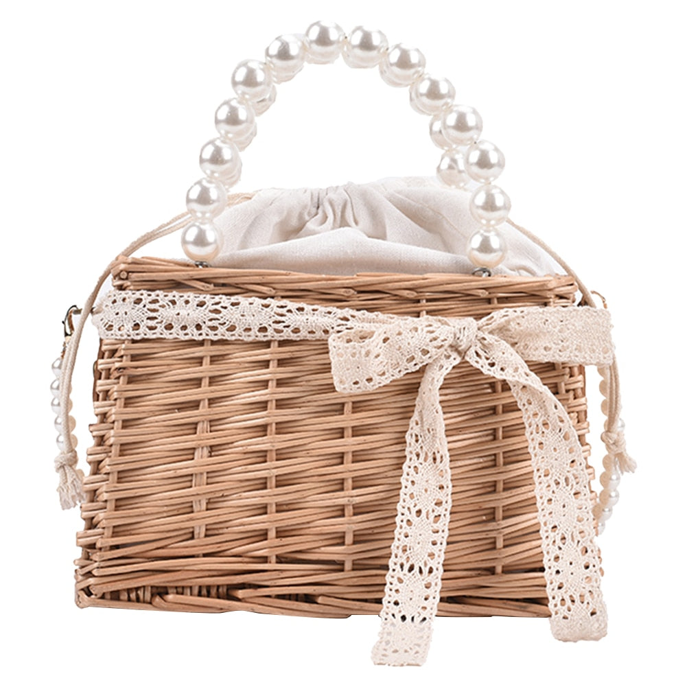 Casual Summer Rattan Woven Women Shoulder Crossbody Bags Fashion Pearl Chain Basket Drawstring Ladies Small Top-handle Handbags