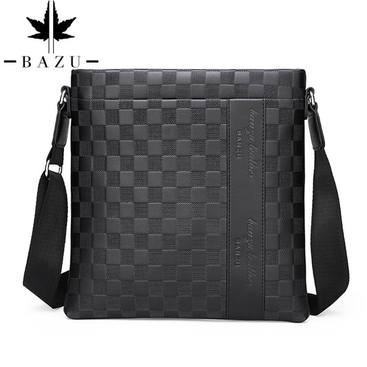 BAZU leather Men&#39;s shoulder bag husband Men&#39;s designer Bag for phone waterproof messenger bag Men handbag Business Plaid Bag