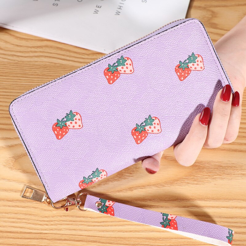 Strawberry Print Wrist Wallets Zipper Coin Long Purse Handbag Women Clutch PU Leather Moneybag Billfold Phone Card Holder Wallet