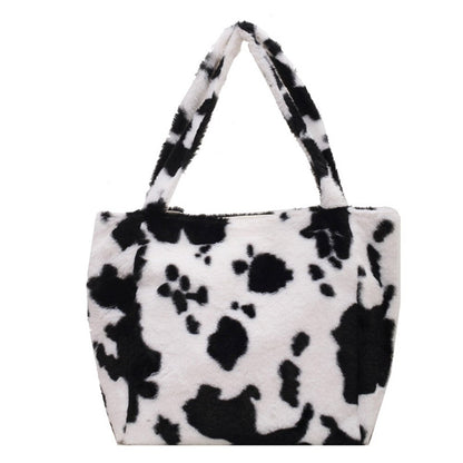 Fashion Plush Cow Milk Print Shoulder Bag Women Casual Large Capacity Shopping Bags Female Autumn Winter Tote Handbags