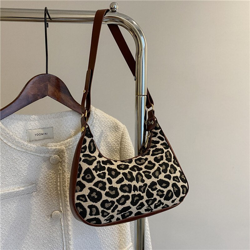 Retro Shoulder Designer Bag Female Fashion Leopard Print Canvas Thread Underarm Bags Casual Street Square Mini Bags