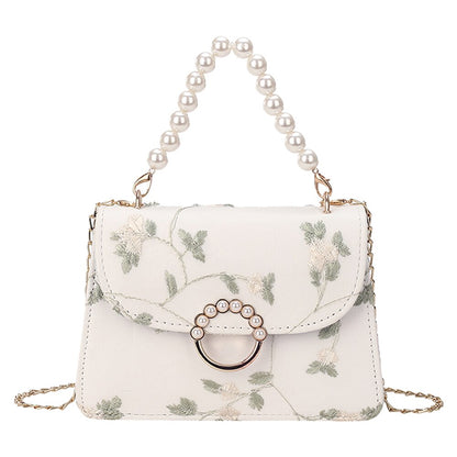 Women PU Net Yarn Flower Embroidery Shoulder Bags Messenger Bags Vintage Pearl Chain Handbags Female Fashion Flap Crossbody Bags