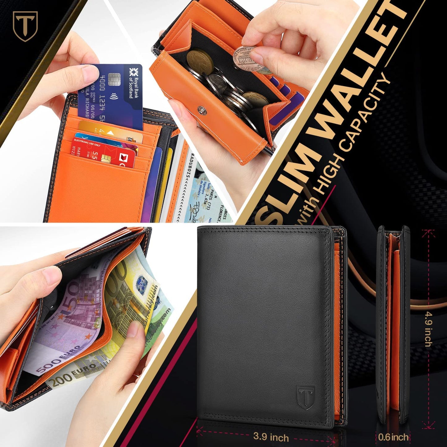 TEEHON Wallets Mens RFID Blocking Genuine Leather with 12 Credit Card Holders Coin Pocket 2 Banknote Compartments ID Window