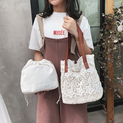 Sweet Lace Hollow Out Handbags Shoulder Bags Women Popular School Bags Summer Beach Casual Totes Bags Camel White