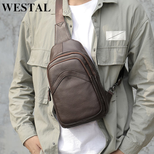 WESTAL Genuine Leather Men&#39;s Shoulder Messenger Bag Male Chest Bag Crossbody Bags For Men Chest Pack Leather Mens Sling Bags