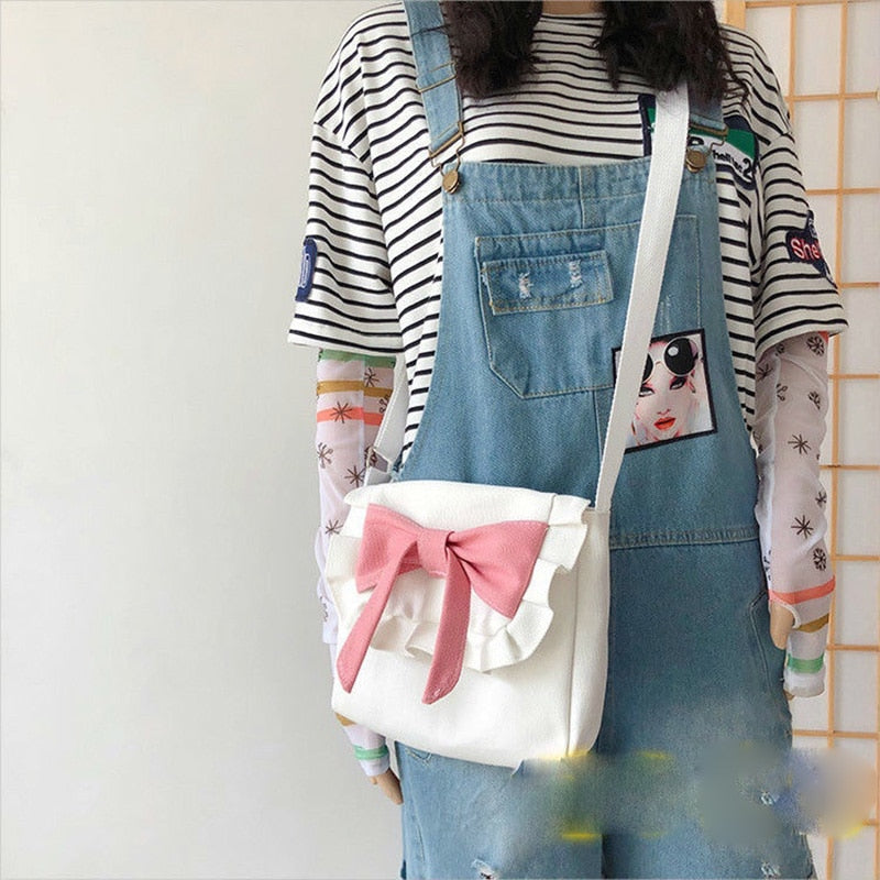Lolita Fashion Bow Women Shoulder Bag Canvas Retro Casual Messenger Bag JK Girl Crossbody Bag Shopping Bag Dropshipping