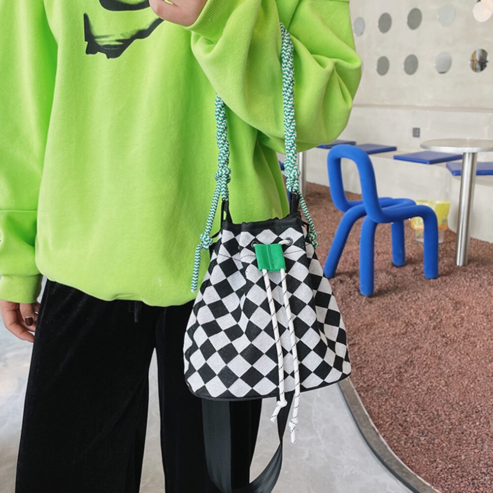 Women Shoulder Bags Exquisite Women Canvas Checkerboard Hit Color Messenger Bag Drawstring Casual Shopping Crossbody Bags