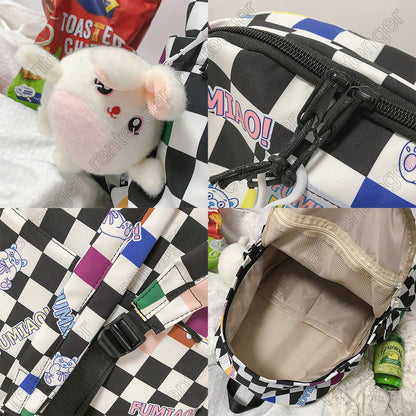 Women Laptop Plaid College Bag Cute Cartoon Girl Travel Backpacks Nylon Fashion Lattice Ladies Kawaii Backpack Female School Bag