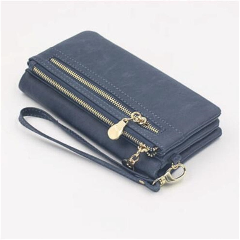 Fashion Women Wallets Dull Polish Leather Wallet Double Zipper Day Clutch Purse Wristlet Portefeuille Handbags Carteira Feminina