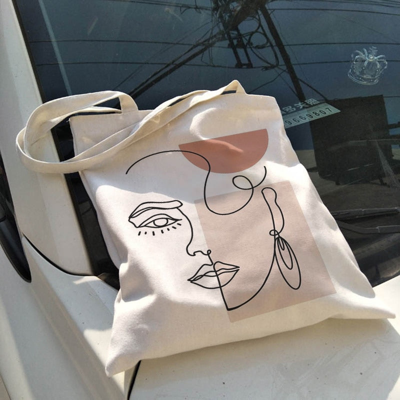 Korea Ulzzang Ins large capacity casual shopper bag fashion school bag Harajuku women shoulder bag art abstract face canvas bags