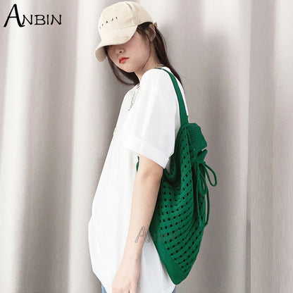 Women&#39;s Shoulder Bag Korean Fashion Wool Knitted Woolen Drawstring Mouth Shopping Hollow Out Bucket Bags Casual Female Handbag