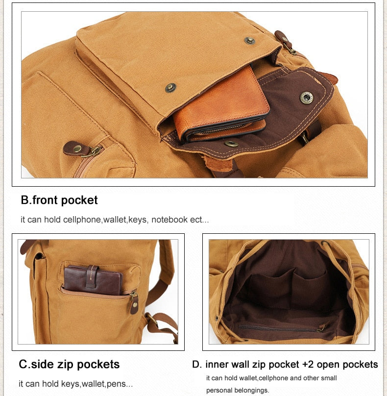 Fashion Vintage Leather military Canvas backpack Men&#39;s backpack school bag drawstring backpack women bagpack male rucksack