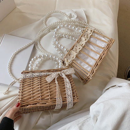 Casual Summer Rattan Woven Women Shoulder Crossbody Bags Fashion Pearl Chain Basket Drawstring Ladies Small Top-handle Handbags